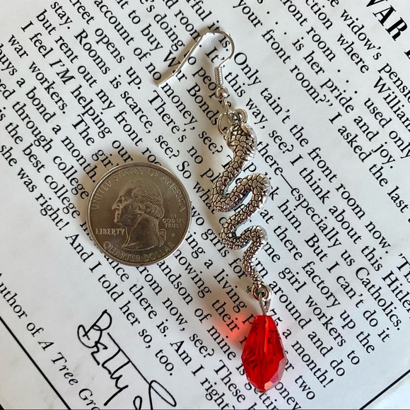 Silver Snake Dangle Earrings Crystal Tear Drop Red Serpent Gothic - Picture 3 of 3